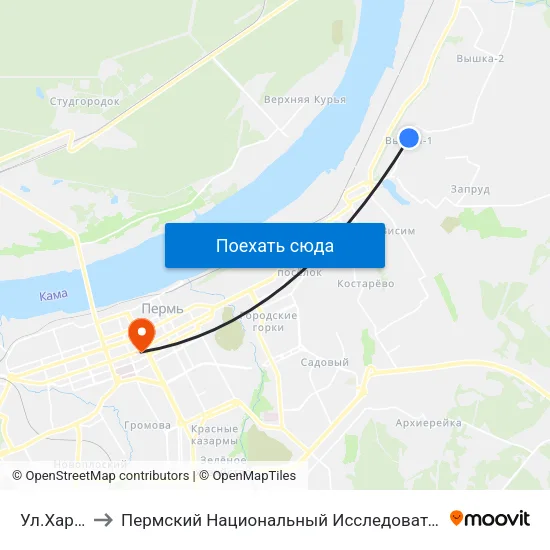 Ул.Харьковская to Пермский Национальный Исследовательский Политехнический Университет map