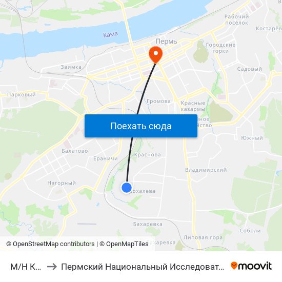 М/Н Крохалева to Пермский Национальный Исследовательский Политехнический Университет map