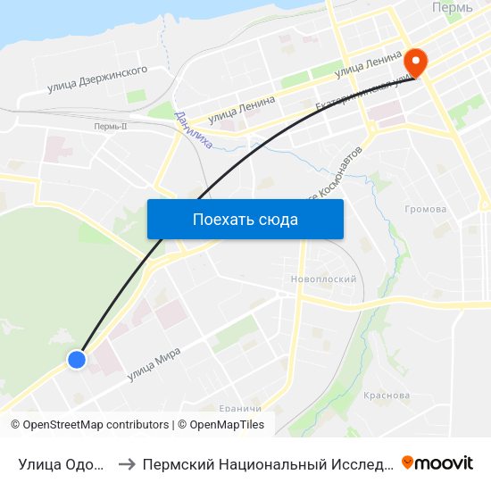 Улица Одоевского (Ш.Косм.) to Пермский Национальный Исследовательский Политехнический Университет map