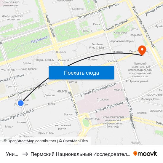 Универсам to Пермский Национальный Исследовательский Политехнический Университет map