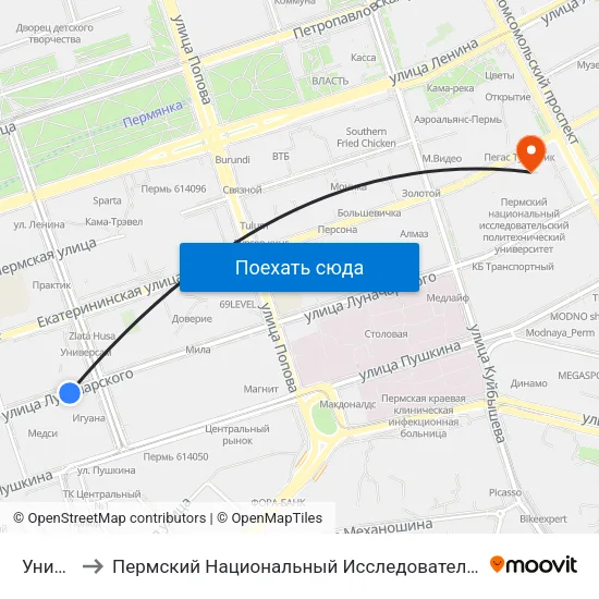 Универсам to Пермский Национальный Исследовательский Политехнический Университет map
