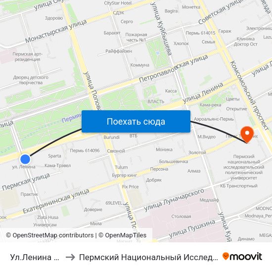 Ул.Ленина (Ул.Борчанинова) to Пермский Национальный Исследовательский Политехнический Университет map
