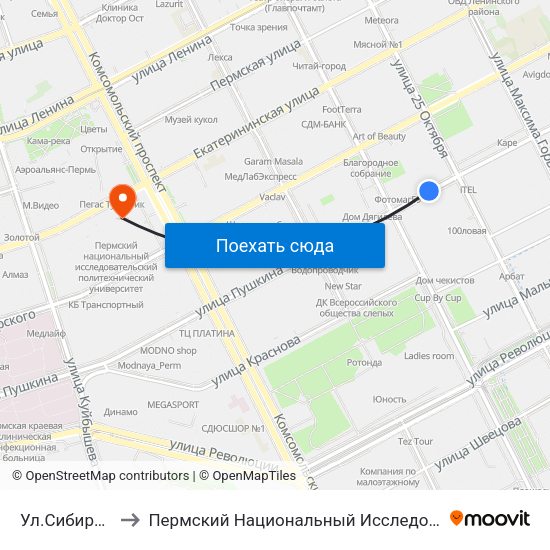 Ул.Сибирская (Пушкина) to Пермский Национальный Исследовательский Политехнический Университет map