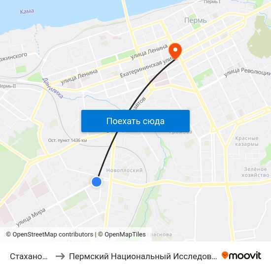 Стахановское  Кольцо to Пермский Национальный Исследовательский Политехнический Университет map