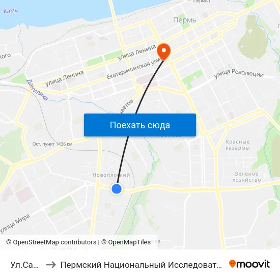 Ул.Самолетная to Пермский Национальный Исследовательский Политехнический Университет map