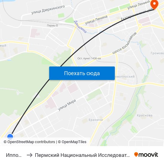 Ипподром (Тр) to Пермский Национальный Исследовательский Политехнический Университет map