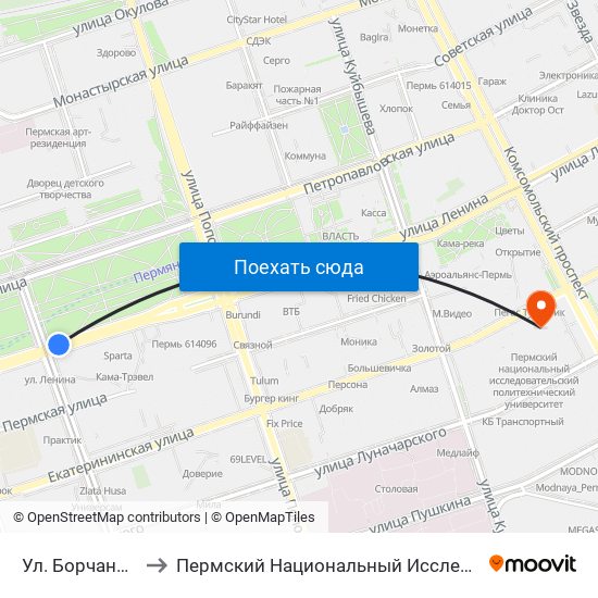 Ул. Борчанинова (По Ленина) to Пермский Национальный Исследовательский Политехнический Университет map