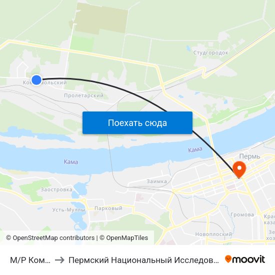 М/Р Комсомольский to Пермский Национальный Исследовательский Политехнический Университет map
