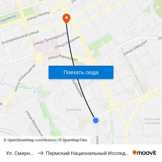 Ул. Смирнова (Куйбышева) to Пермский Национальный Исследовательский Политехнический Университет map