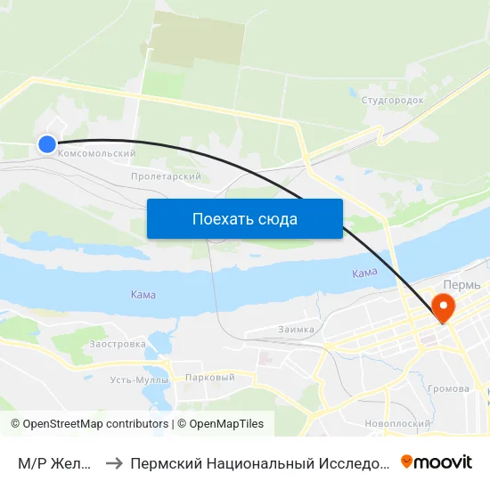 М/Р Железнодорожный to Пермский Национальный Исследовательский Политехнический Университет map