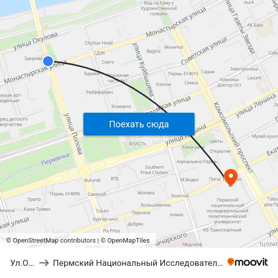 Ул.Окулова to Пермский Национальный Исследовательский Политехнический Университет map