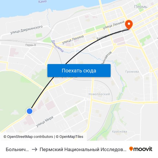 Больничный Городок to Пермский Национальный Исследовательский Политехнический Университет map