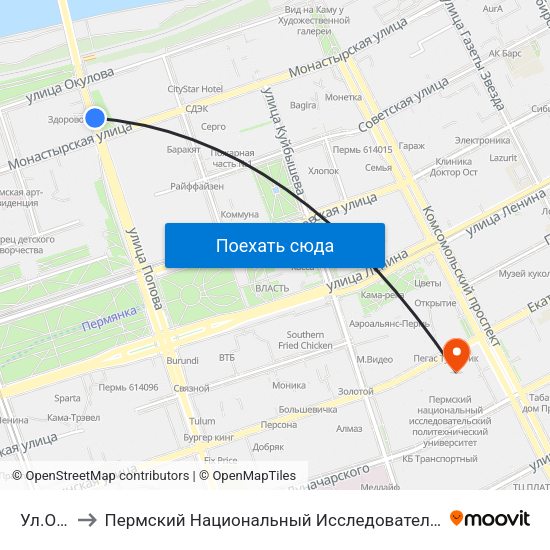 Ул.Окулова to Пермский Национальный Исследовательский Политехнический Университет map