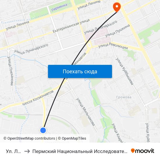 Ул. Левченко to Пермский Национальный Исследовательский Политехнический Университет map