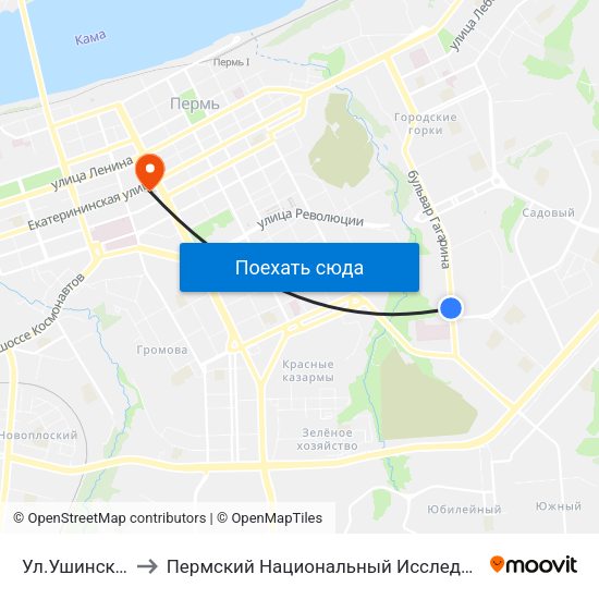 Ул.Ушинского(Б.Гагарина) to Пермский Национальный Исследовательский Политехнический Университет map