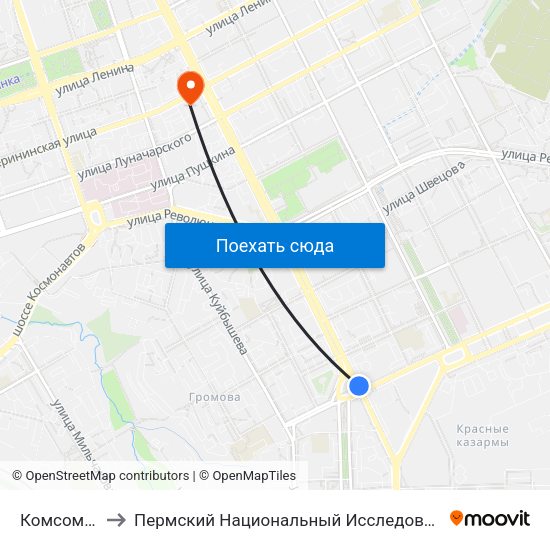 Комсомольская Пл. to Пермский Национальный Исследовательский Политехнический Университет map