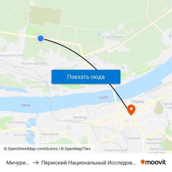 Мичуринские Сады to Пермский Национальный Исследовательский Политехнический Университет map