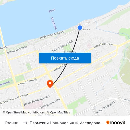 Станция Пермь-1 to Пермский Национальный Исследовательский Политехнический Университет map
