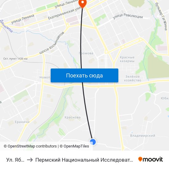 Ул. Яблочкова to Пермский Национальный Исследовательский Политехнический Университет map
