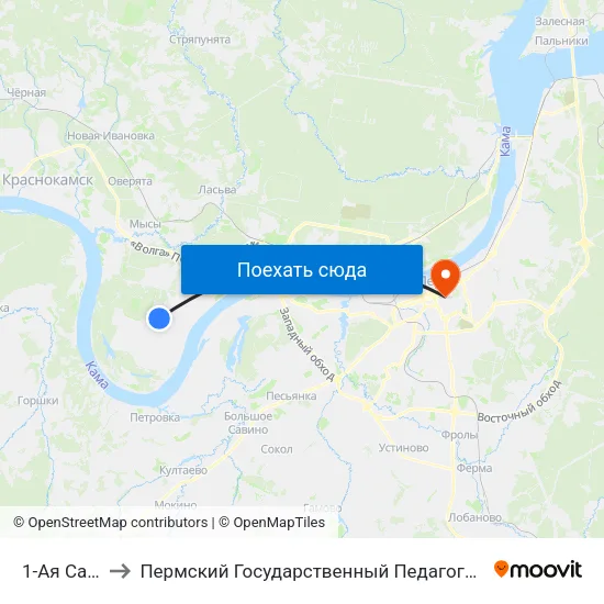 1-Ая Садовая to Пермский Государственный Педагогический Университет map