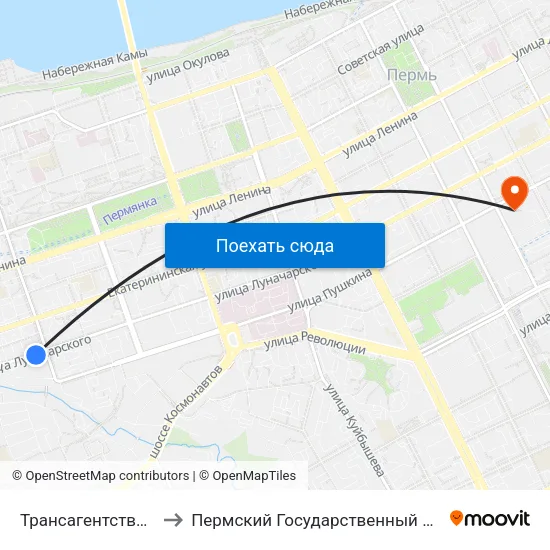 Трансагентство (Луначарского) to Пермский Государственный Педагогический Университет map