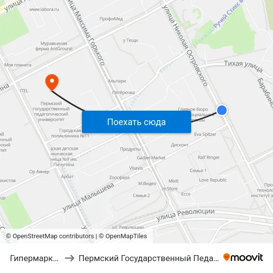 Гипермаркет "Семья" to Пермский Государственный Педагогический Университет map