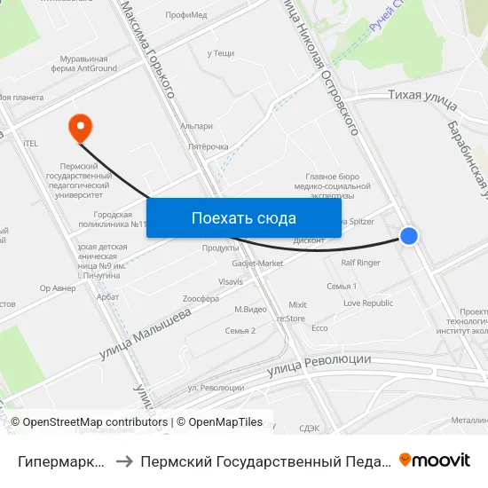 Гипермаркет "Семья" to Пермский Государственный Педагогический Университет map