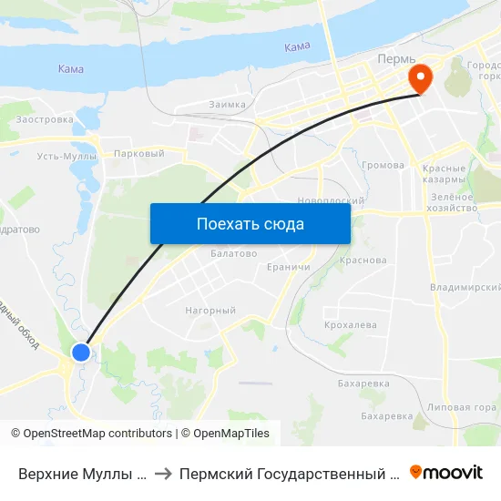 Верхние Муллы (Ш.Космонавтов) to Пермский Государственный Педагогический Университет map