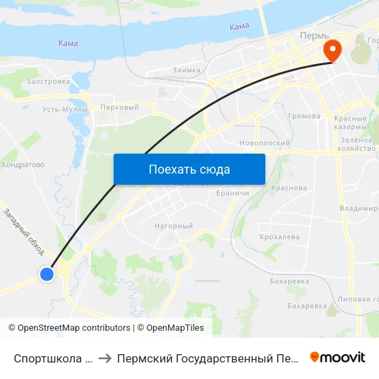 Спортшкола "Олимпиец" to Пермский Государственный Педагогический Университет map