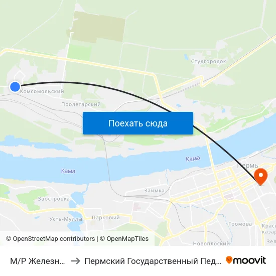М/Р Железнодорожный to Пермский Государственный Педагогический Университет map