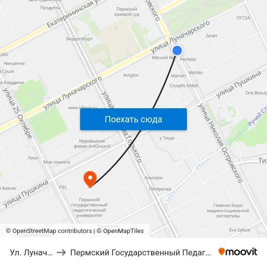 Ул. Луначарского to Пермский Государственный Педагогический Университет map