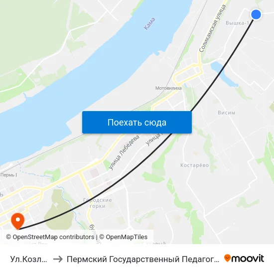 Ул.Козловская to Пермский Государственный Педагогический Университет map