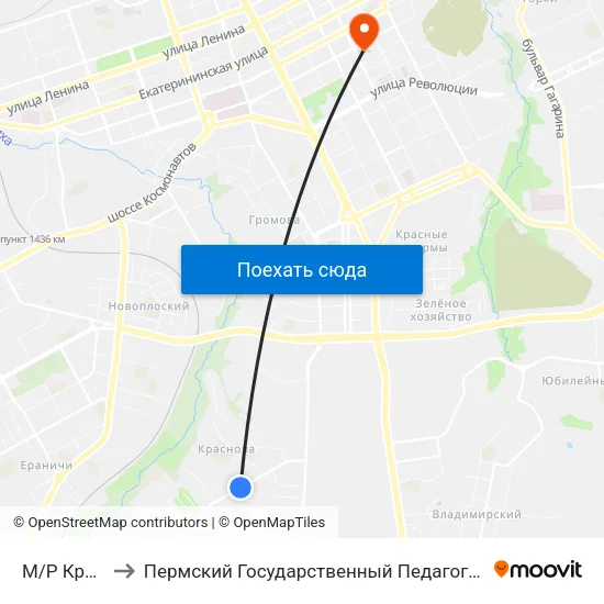 М/Р Краснова to Пермский Государственный Педагогический Университет map