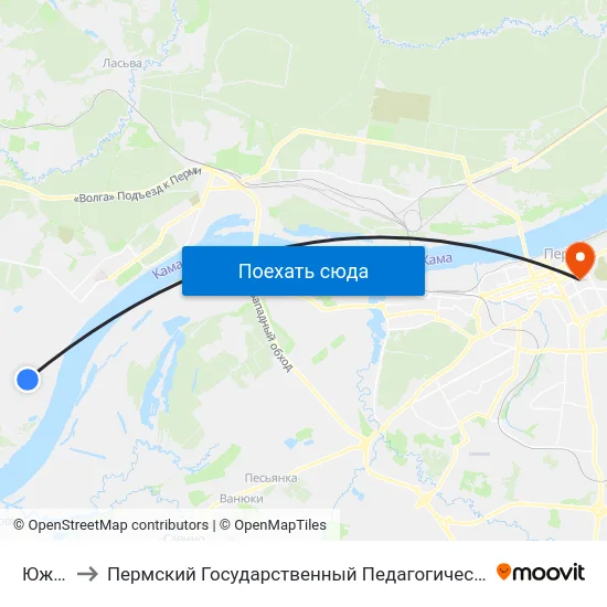 Южная to Пермский Государственный Педагогический Университет map
