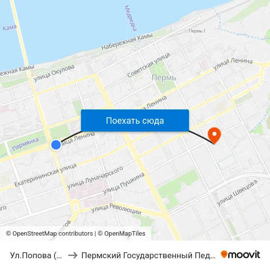 Ул.Попова (По Ленина) to Пермский Государственный Педагогический Университет map