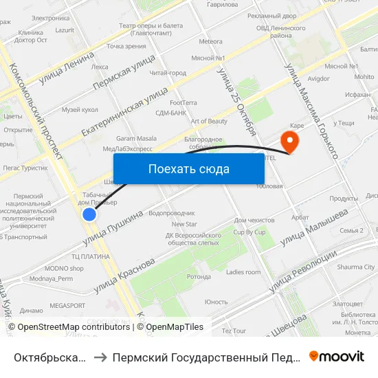 Октябрьская Площадь to Пермский Государственный Педагогический Университет map