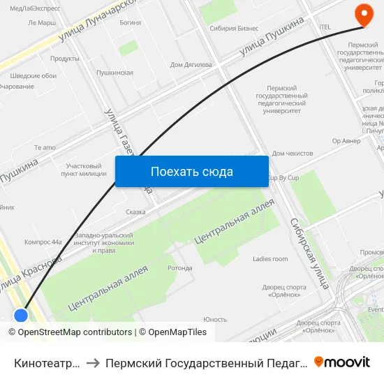 Кинотеатр Октябрь to Пермский Государственный Педагогический Университет map