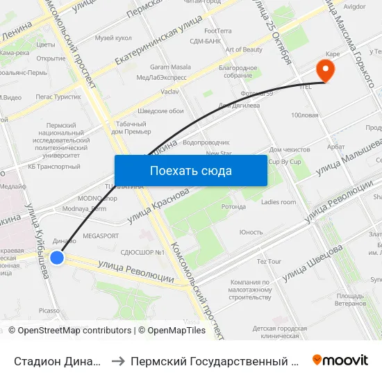 Стадион Динамо (Революции) to Пермский Государственный Педагогический Университет map
