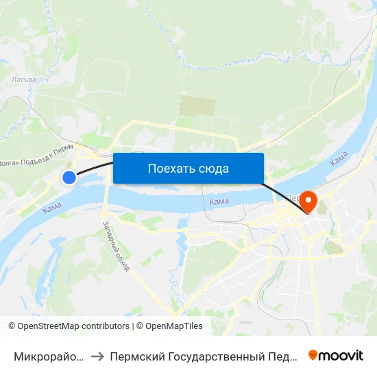Микрорайон Водники to Пермский Государственный Педагогический Университет map
