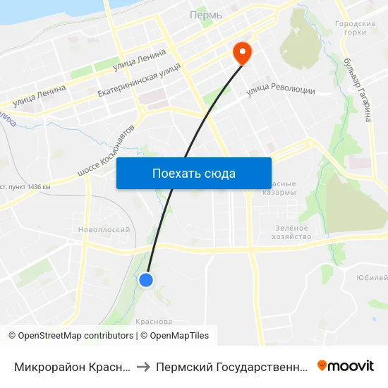 Микрорайон Краснова (Детский Сад №364) to Пермский Государственный Педагогический Университет map