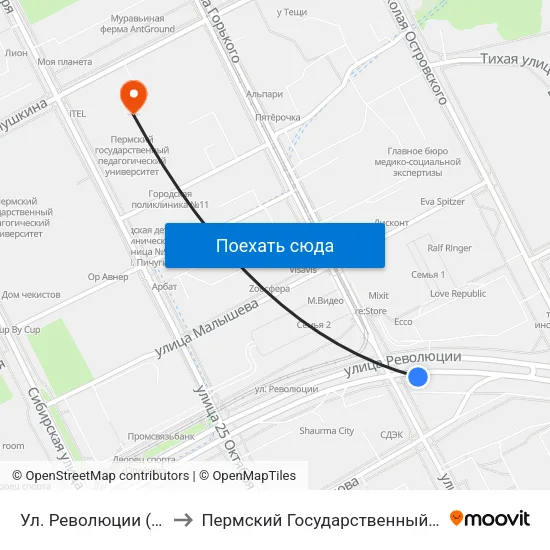 Ул. Революции (По Ул. Революции) to Пермский Государственный Педагогический Университет map