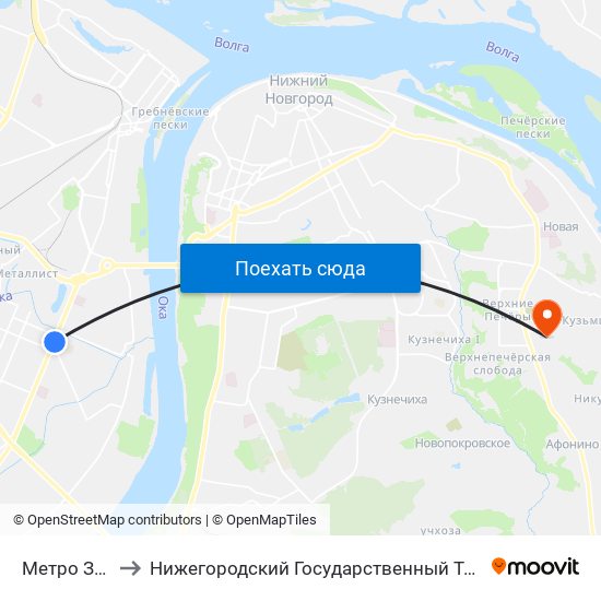 Метро Заречная to Нижегородский Государственный Технический Университет map