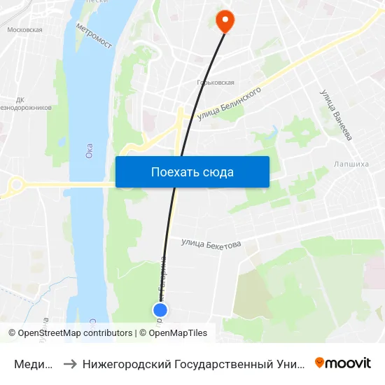 Медицинская to Нижегородский Государственный Университет Им. Н. И. Лобачевского map
