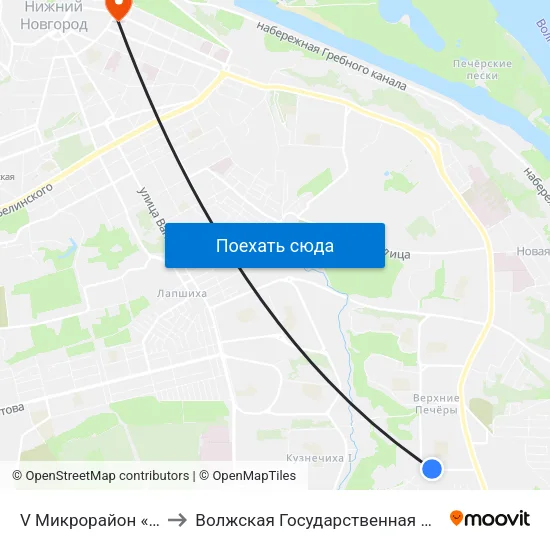 V Микрорайон «Верхние Печёры» to Волжская Государственная Академия Водного Транспорта map