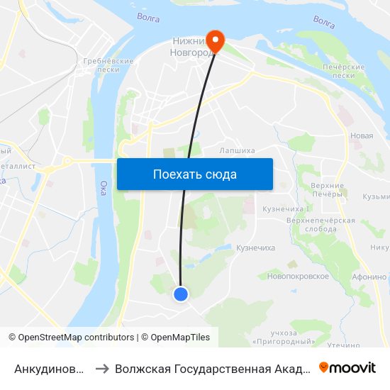 Анкудиновское Шоссе to Волжская Государственная Академия Водного Транспорта map