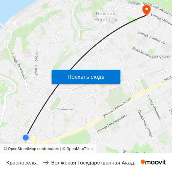 Красносельская Улица to Волжская Государственная Академия Водного Транспорта map
