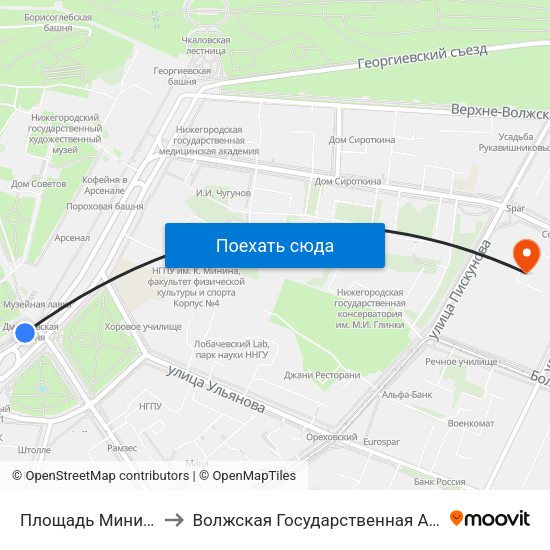 Площадь Минина И Пожарского to Волжская Государственная Академия Водного Транспорта map