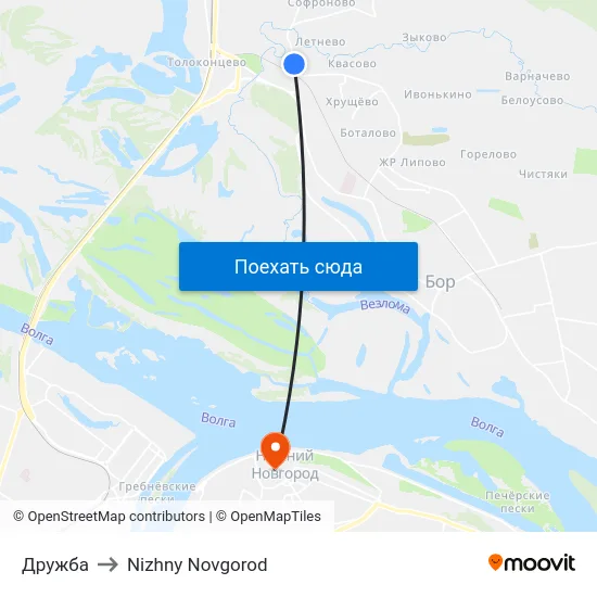 Дружба to Nizhny Novgorod map