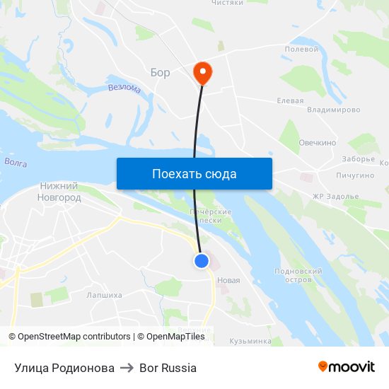 Улица Родионова to Bor Russia map