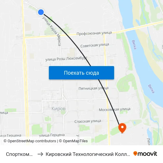 Спорткомплекс "Союз" to Кировский Технологический Колледж Пищевой Промышленности map